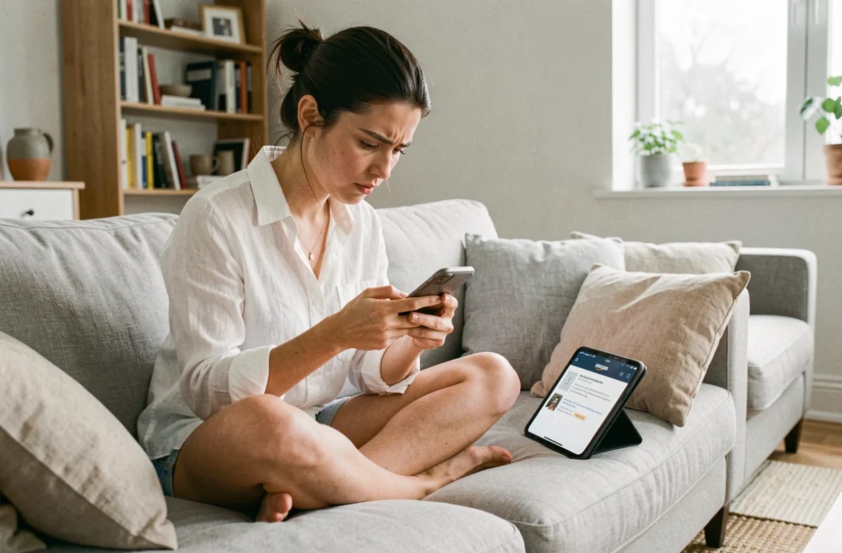 Jeune femme sur un canapé suivant un guide pas à pas pour archiver une commande Amazon sur smartphone