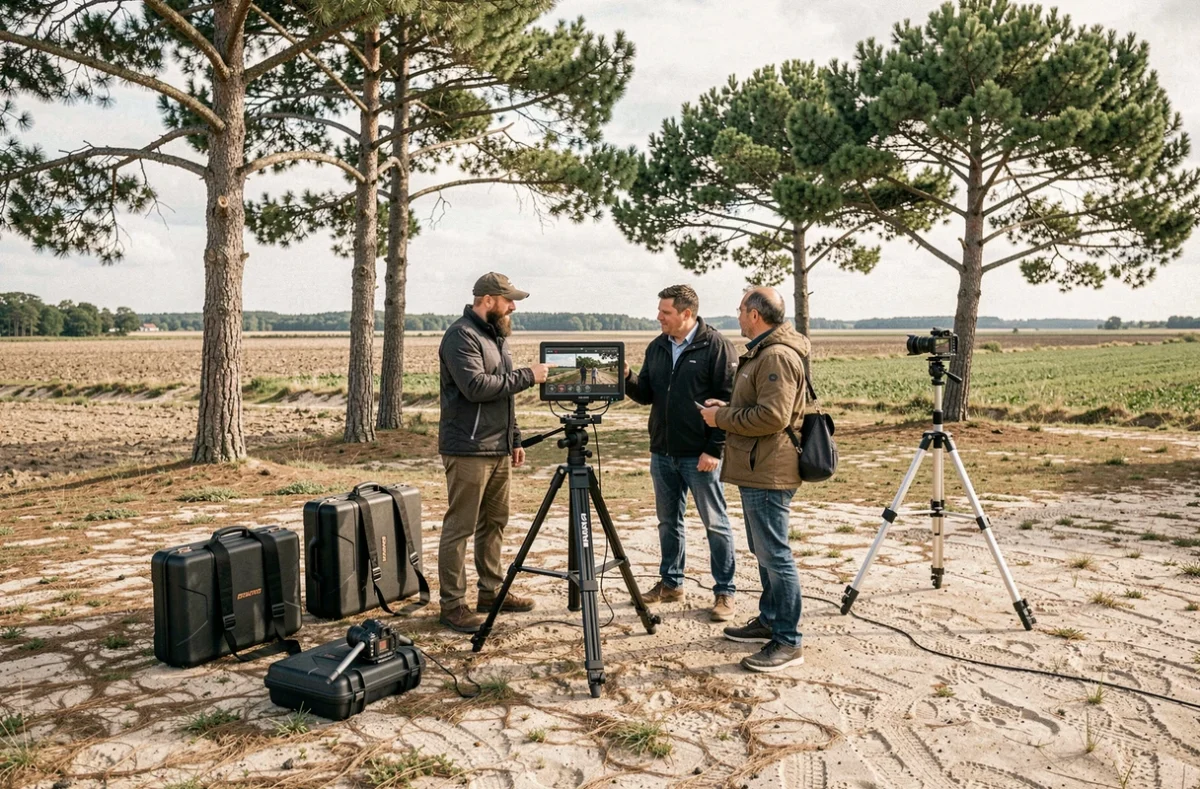 Équipe de production audiovisuelle travaillant en extérieur près de Saint-Jean-d'Illac en Gironde