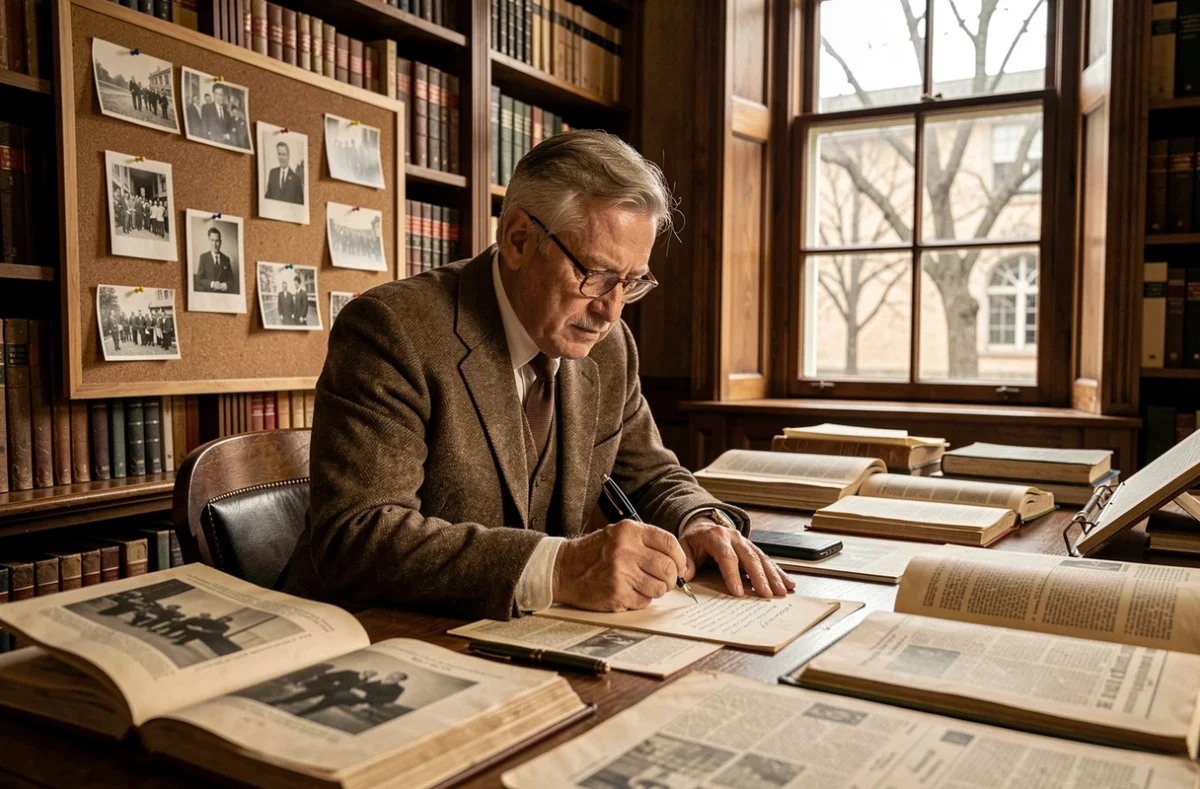 Historien en train d'analyser des archives et documents historiques sur l'antifascisme dans une bibliothèque universitaire