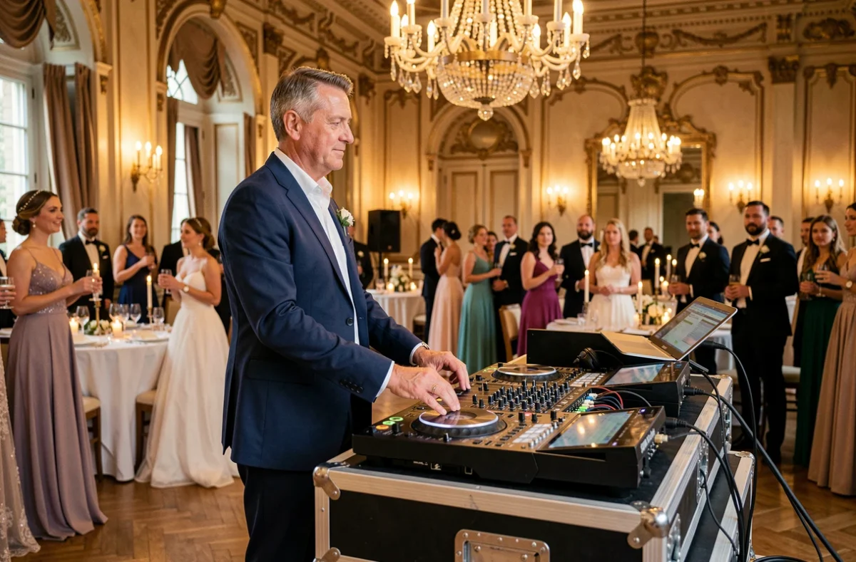 Bruno Marti de H&M Music derrière sa console de DJ professionnelle lors d'un mariage élégant dans un château en Gironde