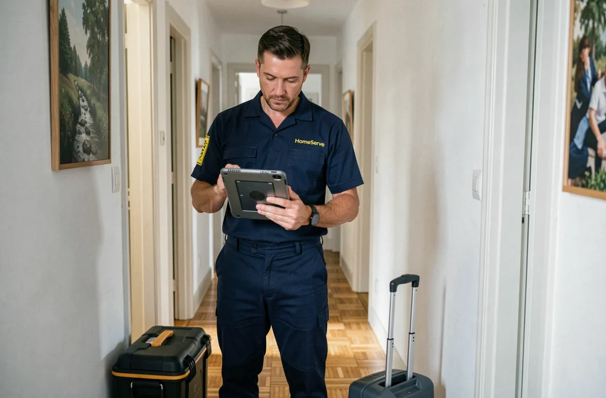 Technicien HomeServe consultant un rapport d'intervention numérique dans le couloir d'un appartement lyonnais