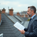 Homme d'affaires avec documents et panneaux solaires en arrière-plan