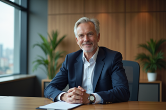 Homme d'affaires en costume navy dans un bureau moderne