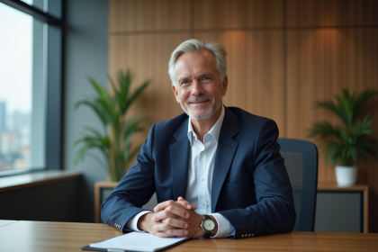 Homme d'affaires en costume navy dans un bureau moderne