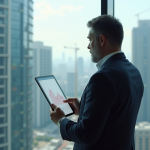 Homme d'affaires pensif avec tablette dans un bureau moderne