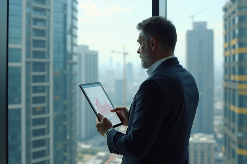 Homme d'affaires pensif avec tablette dans un bureau moderne