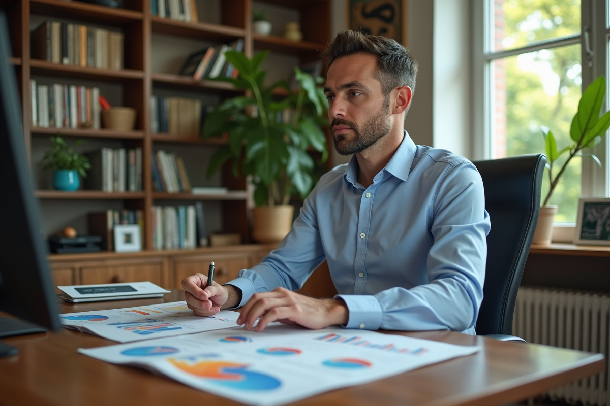 Homme analysant graphiques et documents dans un bureau à domicile