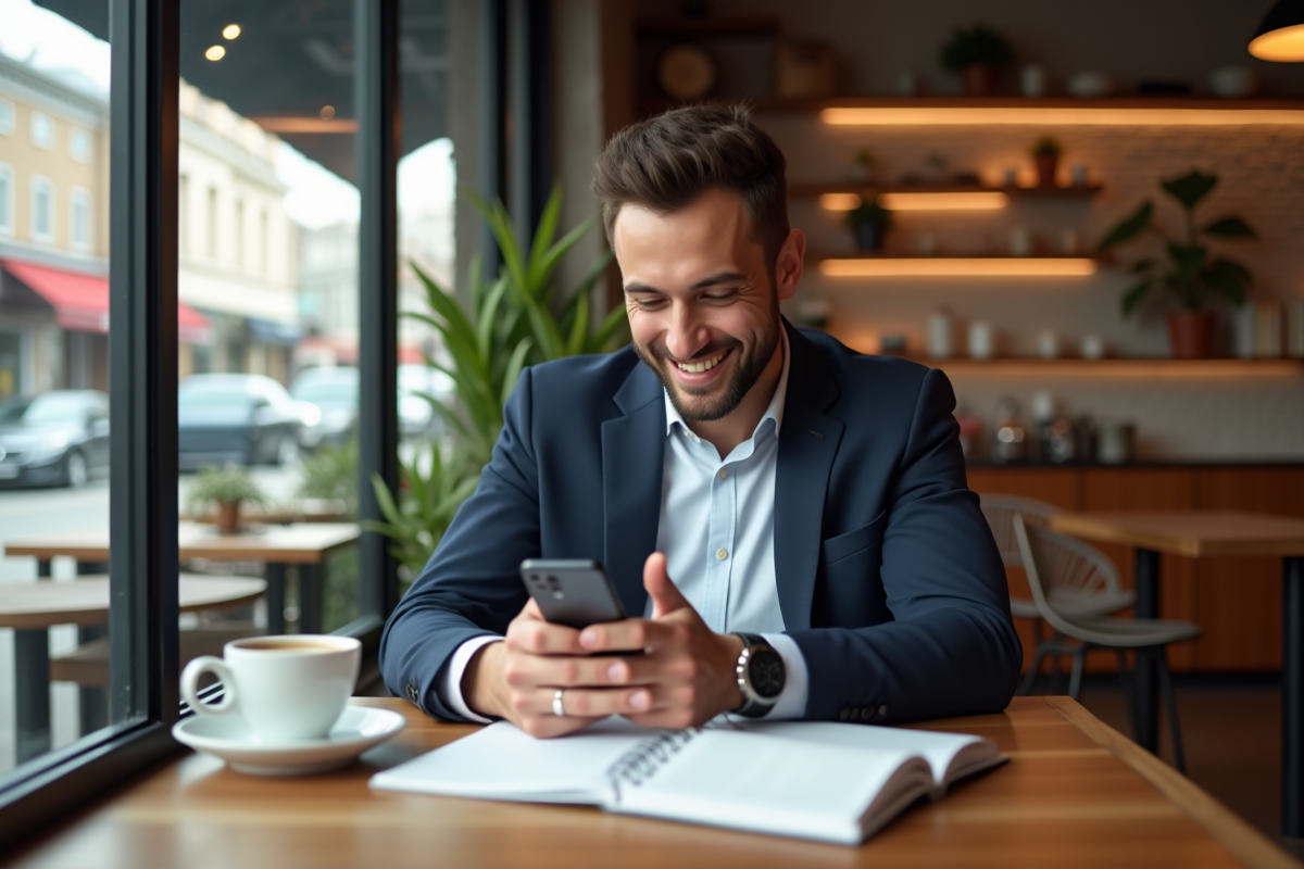 Jeune homme faisant banque mobile dans un café convivial