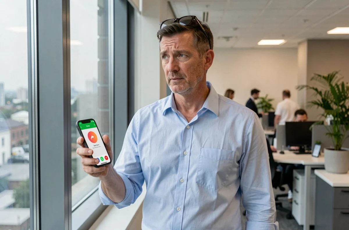 Homme en bureau recevant un appel téléphonique suspect depuis un numéro avec indicatif inconnu, expression hésitante