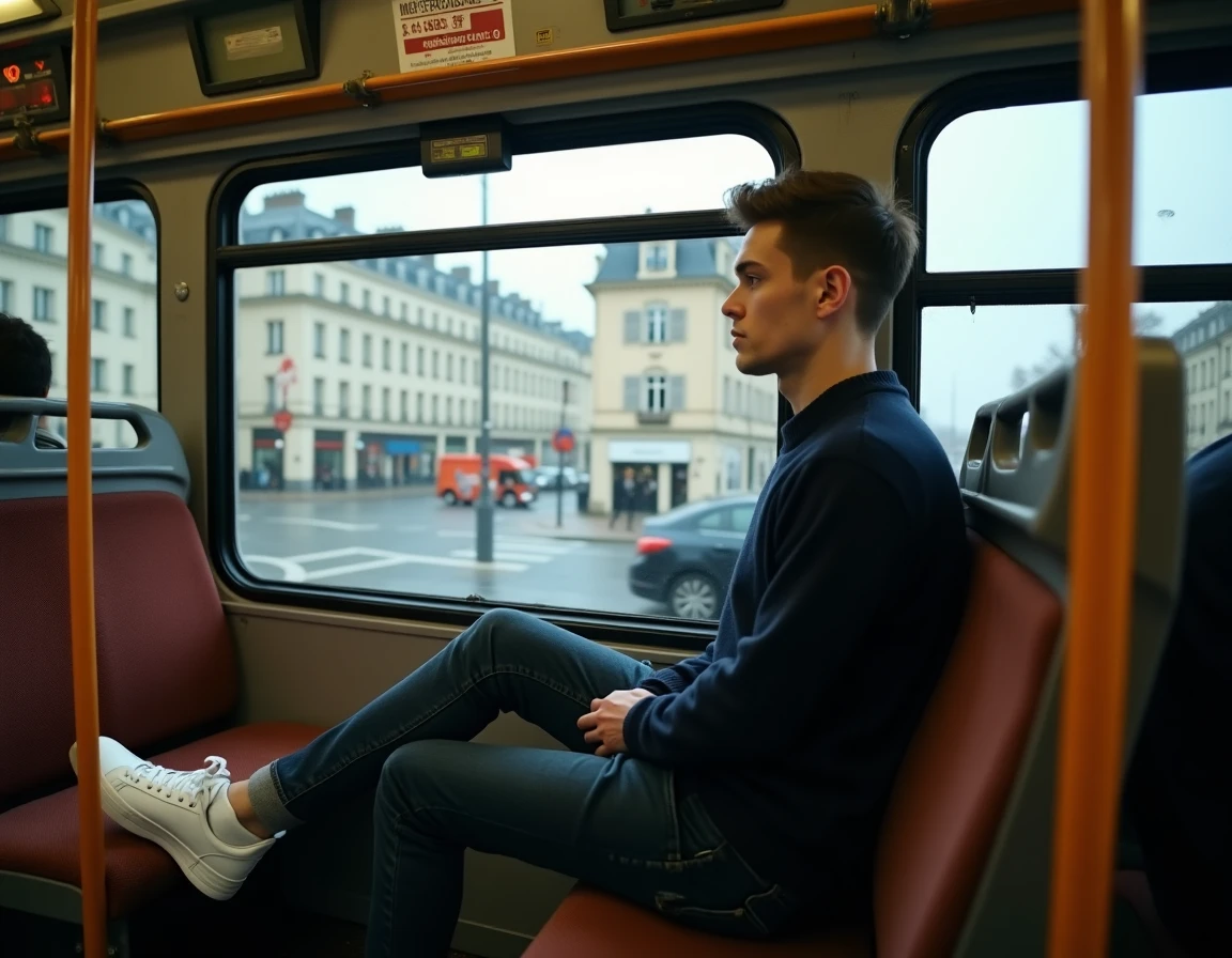 Jeune homme assis dans un bus parisien regardant les immeubles haussmanniens défiler par la fenêtre