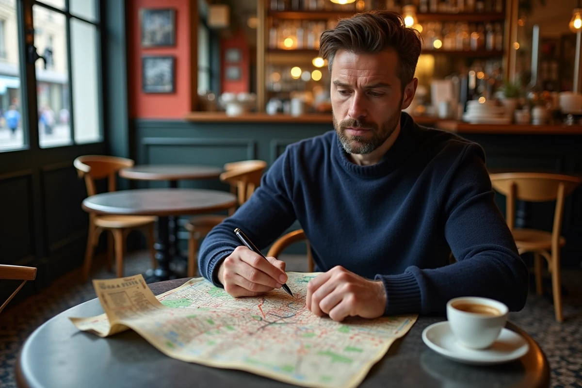 Homme annoçant un plan des arrondissements de Paris dans un bistrot parisien typique avec sol en mosaïque et bar en zinc