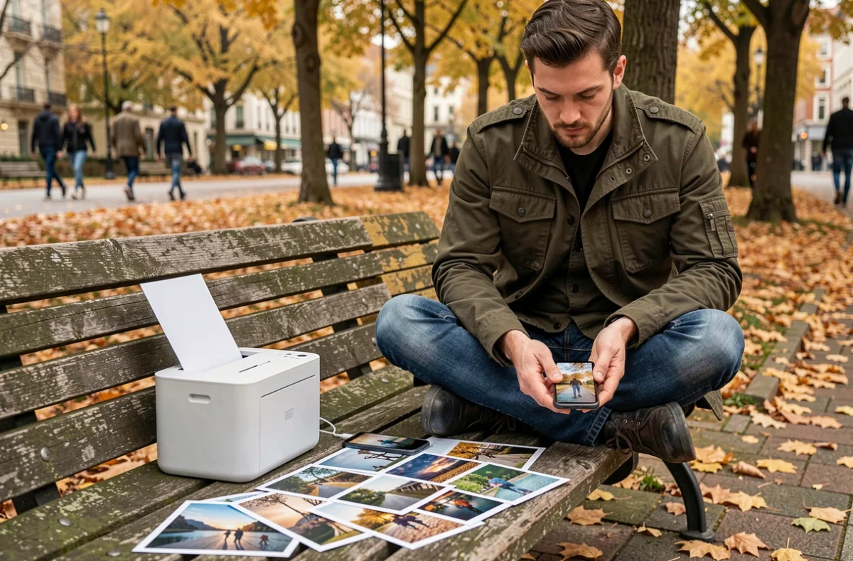 Homme assis sur un banc de parc en automne utilisant une imprimante photo portable couleur avec son smartphone et des photos imprimées étalées devant lui