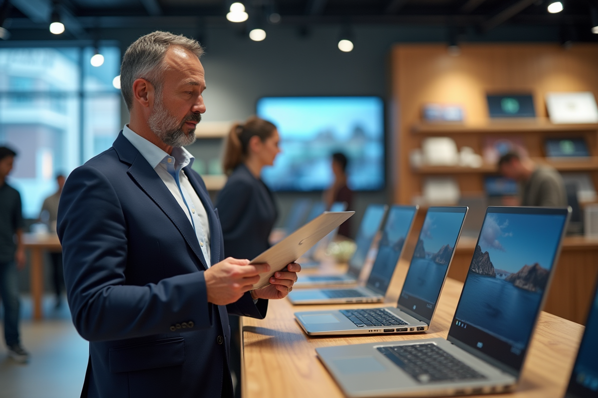 Homme d affaires examine des laptops en magasin