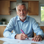 Homme d'âge moyen lisant des documents immobiliers dans une cuisine moderne