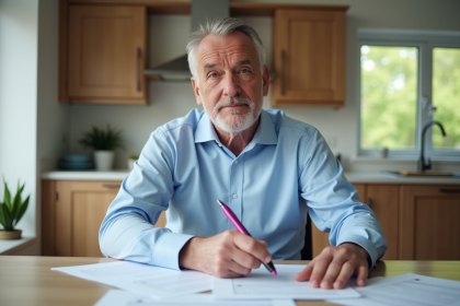 Homme d'âge moyen lisant des documents immobiliers dans une cuisine moderne