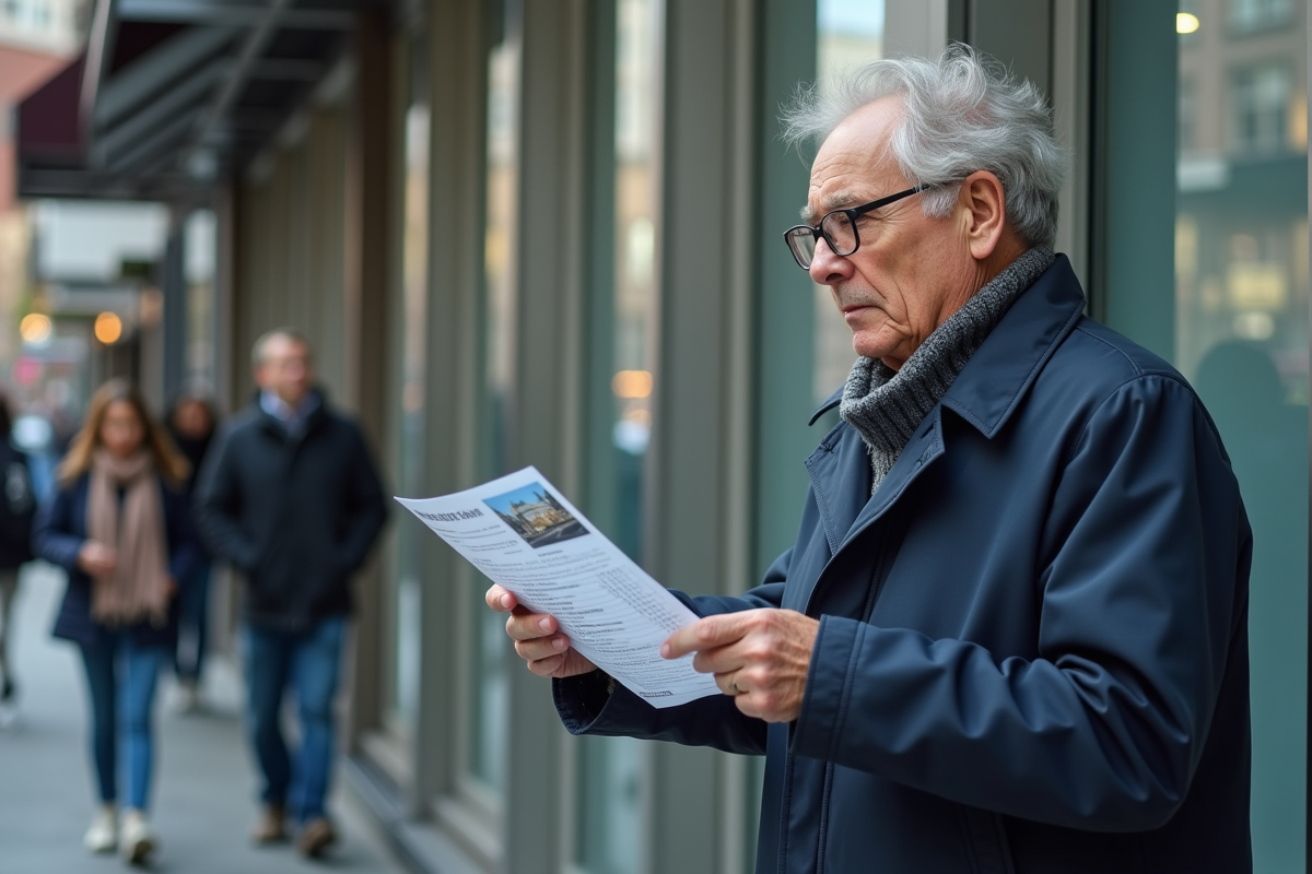 Homme age examine une offre de taux immobilier dehors