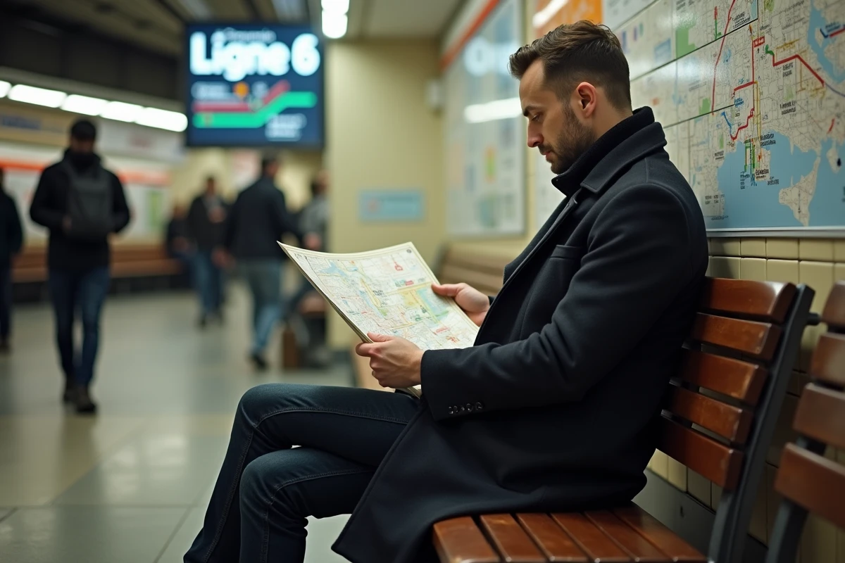 Homme étudiant un plan du métro dans une station parisienne