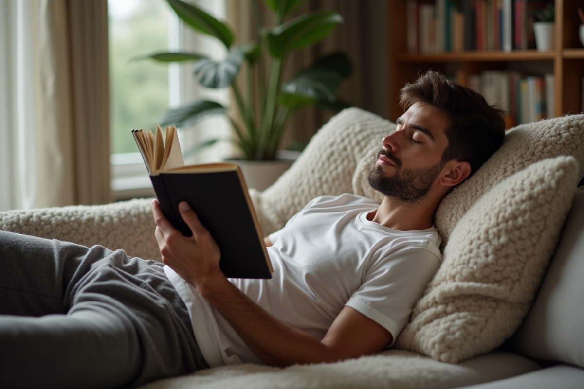Jeune homme lisant sur un canapé dans un salon cosy