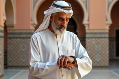Homme musulman consultant les horaires de prière devant une mosquée à Nîmes