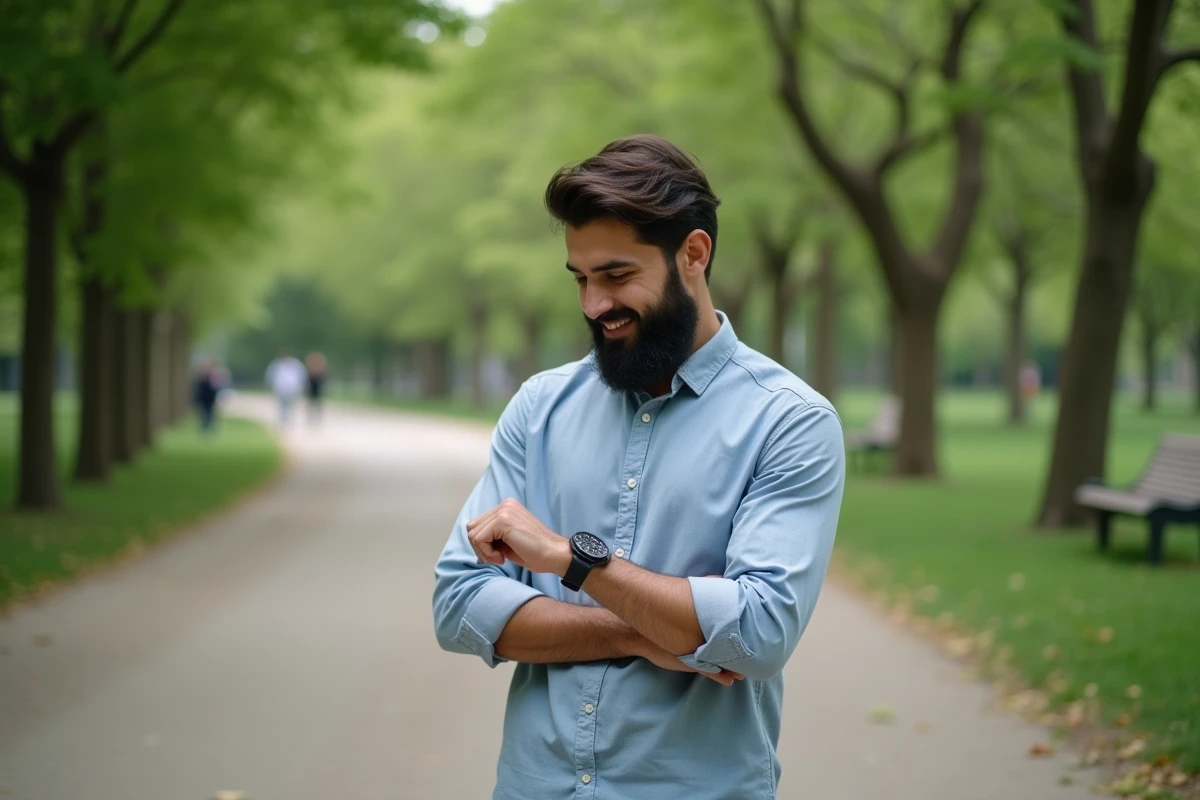 Homme souriant vérifiant sa montre à 15h15 dans le parc