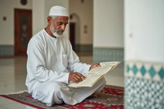 Homme en djellaba lisant un emploi du temps dans une mosquee