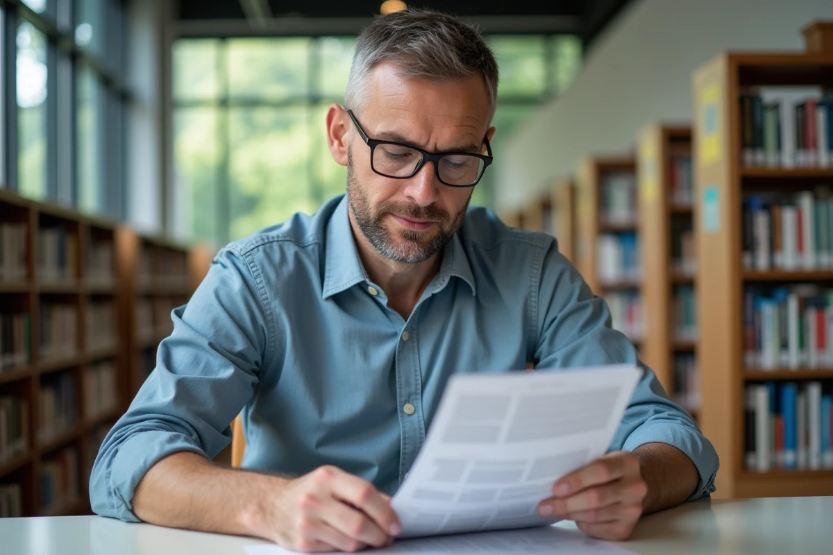 Homme en bibliothèque examinant un guide d
