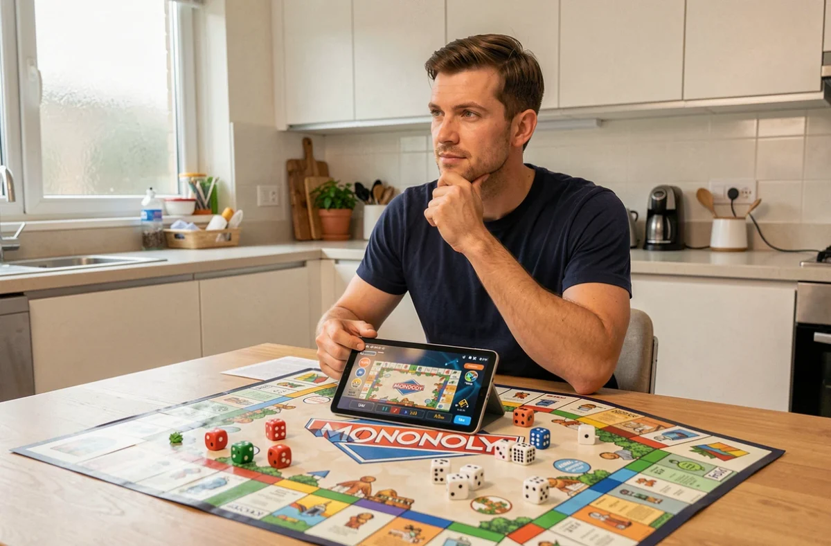 Homme comparant des ressources en ligne pour Monopoly GO avec un plateau de jeu physique et des dés sur une table