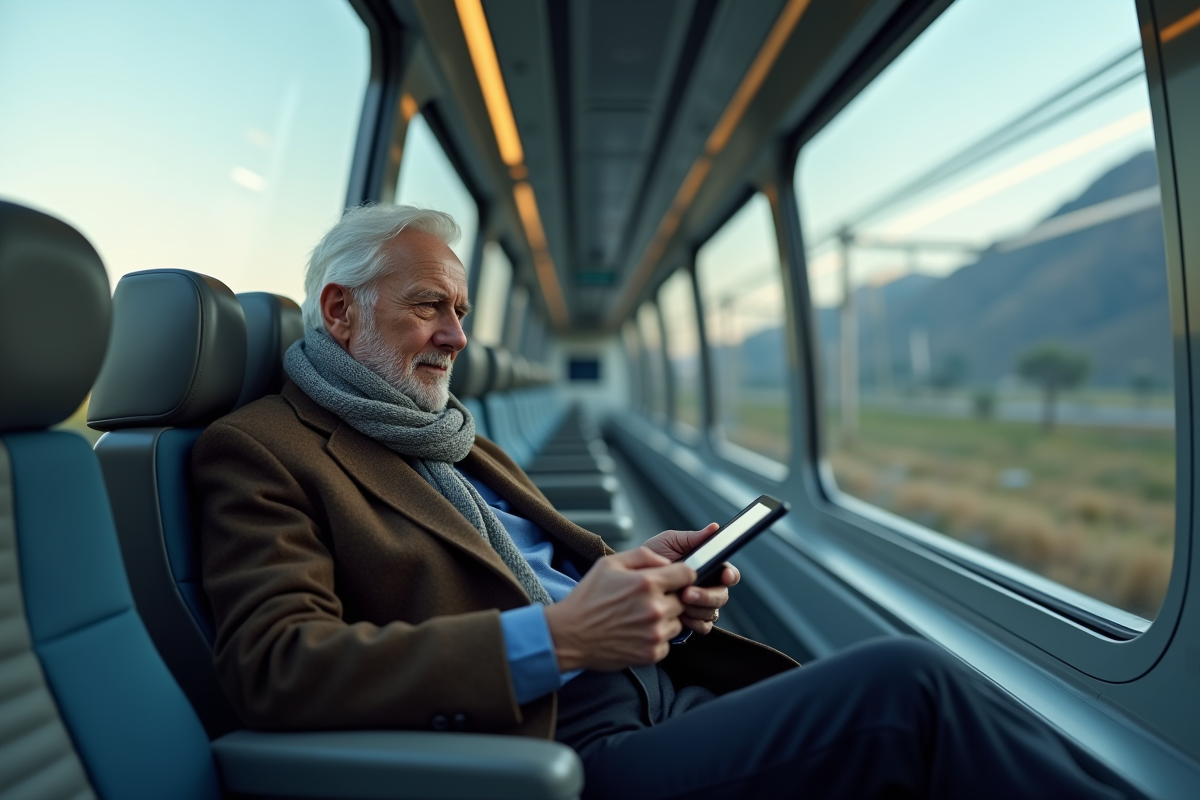 Homme d age dans train maglev futuriste et design moderne