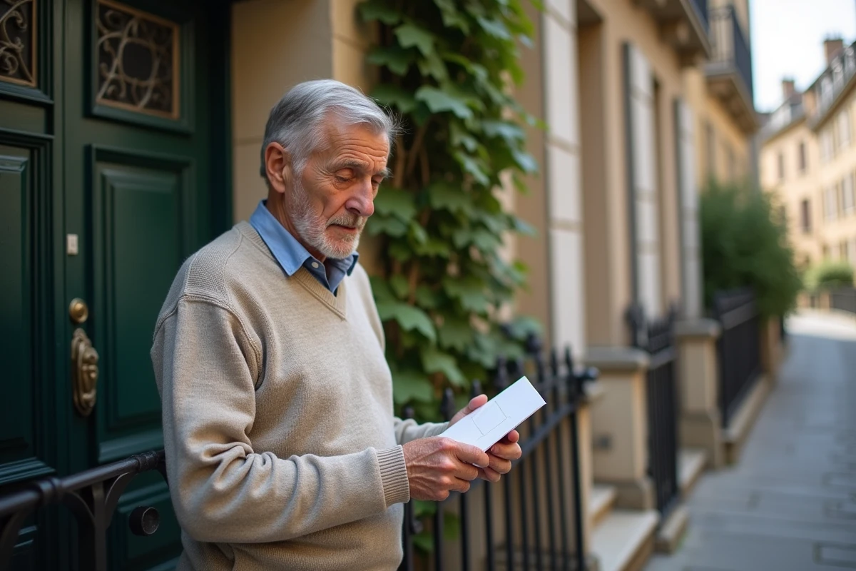 Homme âgé regardant une lettre devant sa maison
