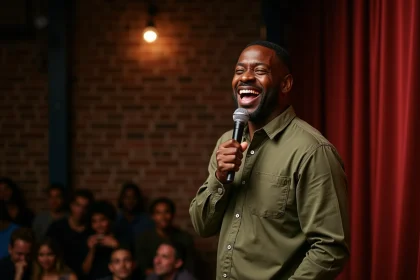 Humoriste noir en pleine performance stand-up dans un club de comédie, riant franchement au micro, ambiance chaleureuse et authentique