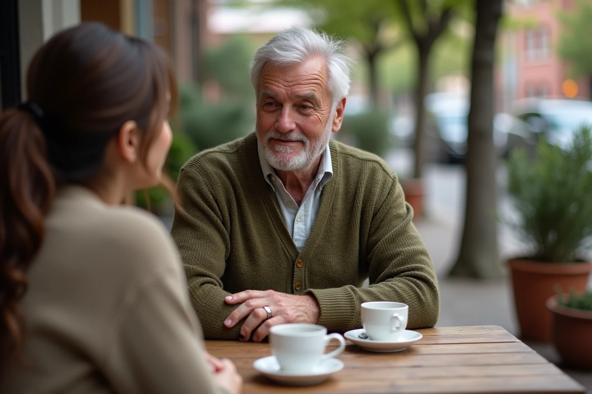Grand-père racontant une blague adaptée à une jeune adulte en terrasse de café