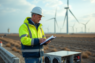 Ingénieur homme en extérieur examine une pile à hydrogène