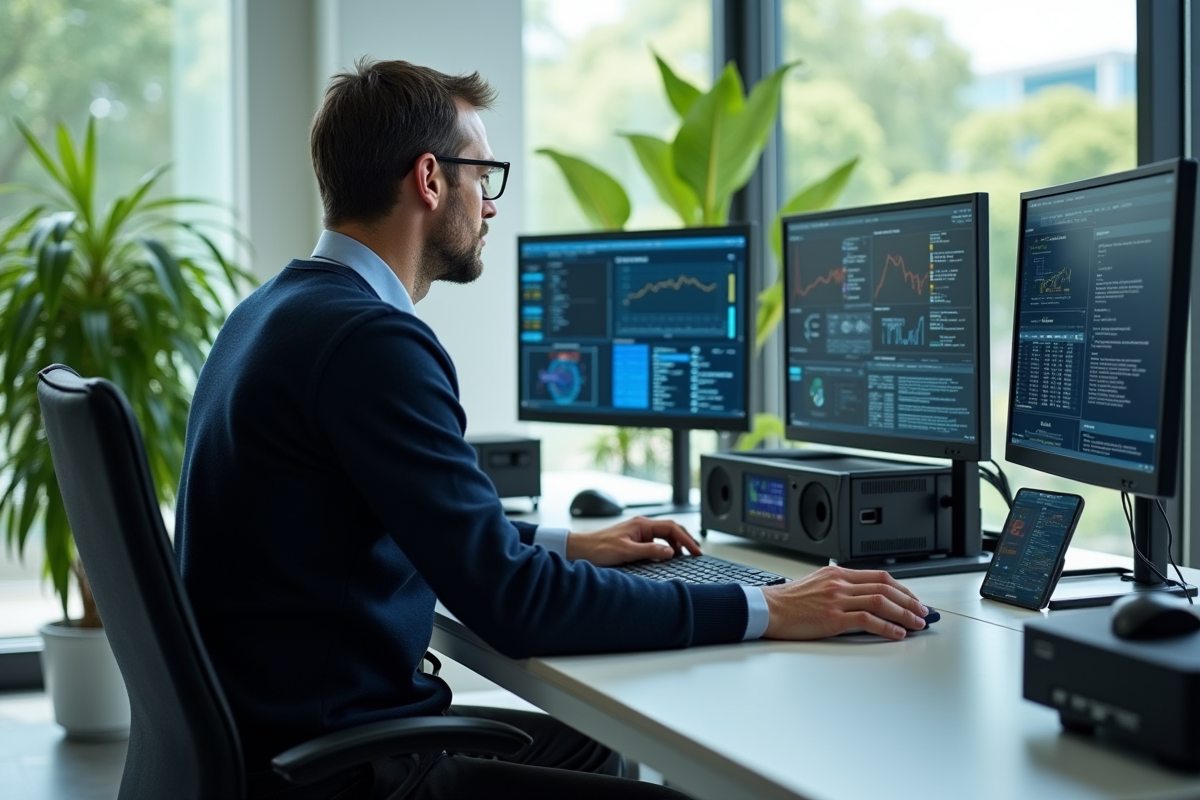 Ingénieur analysant données sur station de travail moderne