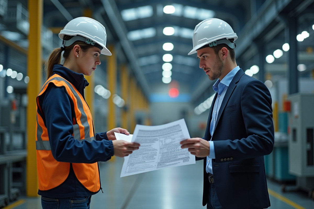 Ingénieure en casque et collègue examinant des plans sur site industriel