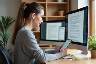 Femme comparant l'interface d'Inovascan sur un écran PC et un smartphone côte à côte dans un bureau moderne