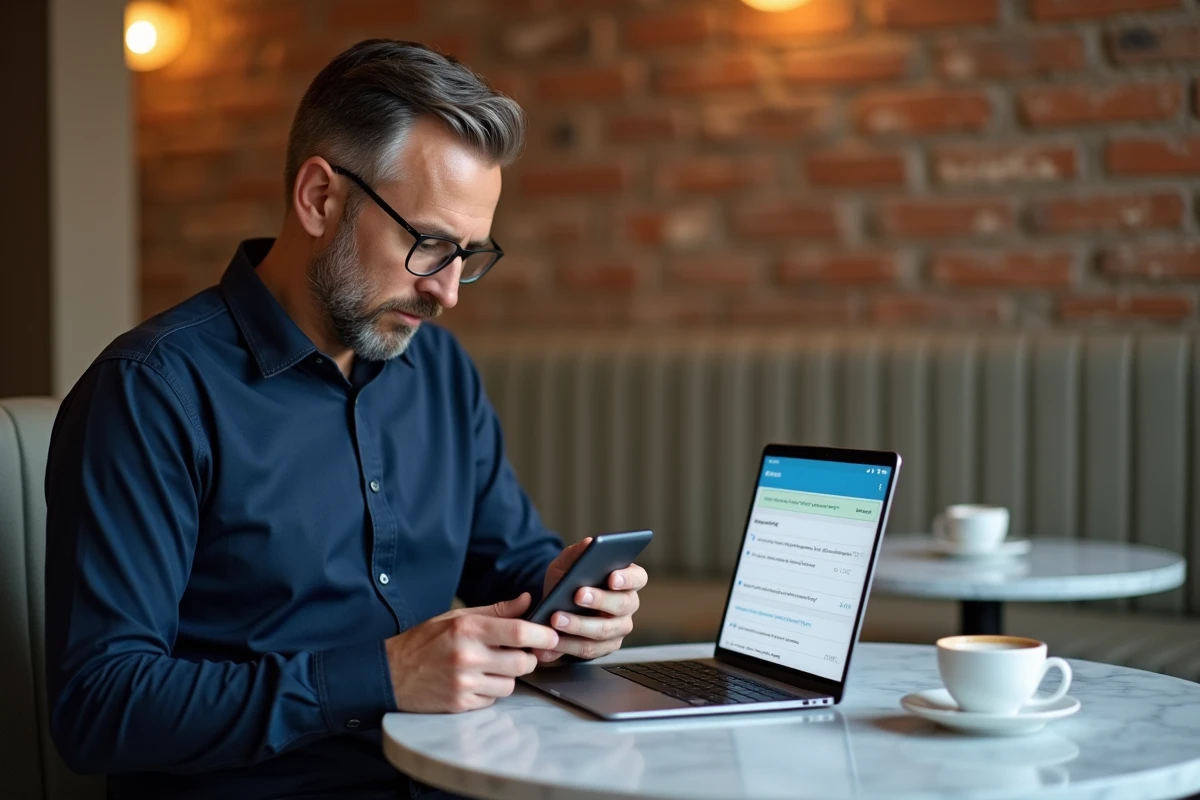 Homme utilisant Inovascan sur laptop et smartphone dans un café, comparaison d'expérience de lecture