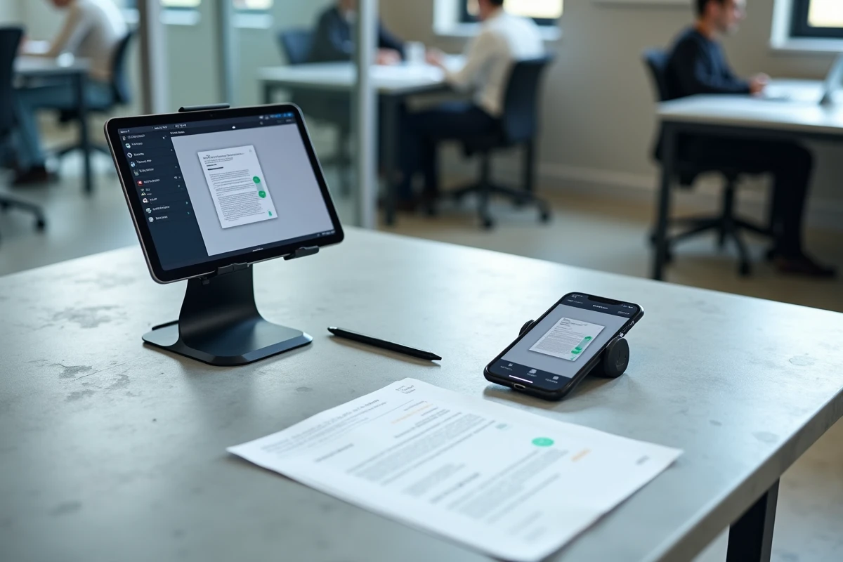 Vue aérienne d'une tablette et d'un smartphone affichant Inovascan sur un bureau en béton dans un open space moderne