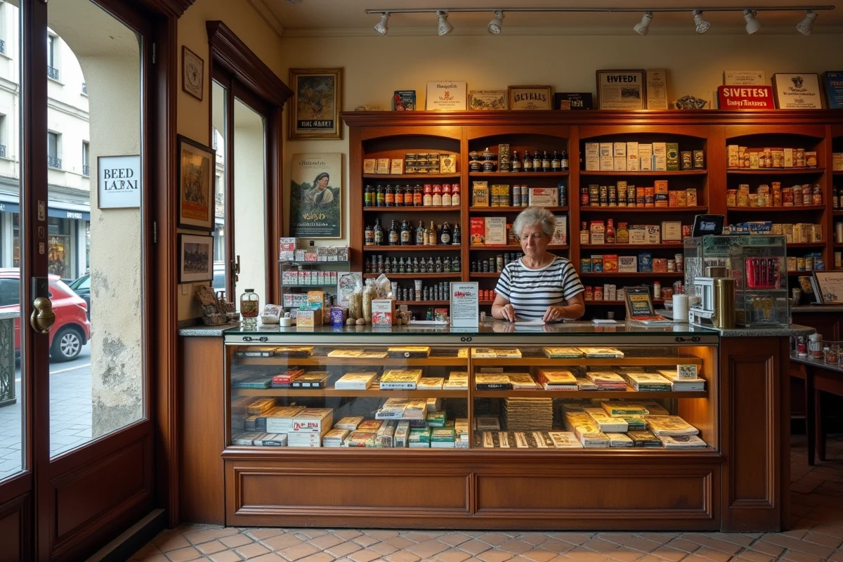 Intérieur authentique d'une civette parisienne avec comptoir en bois, présentoir de cigarettes et buraliste arrangeant les produits