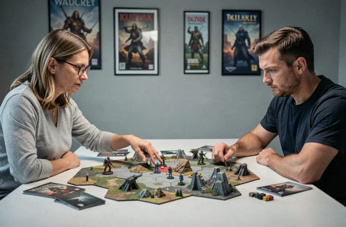 Deux adultes jouant à un jeu de guerre stratégique sur plateau hexagonal dans une salle de jeu moderne