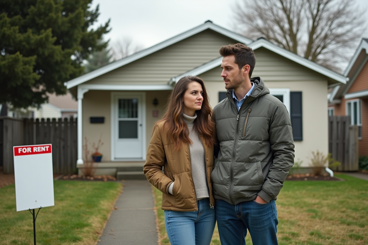 Jeune couple discutant devant une maison à louer dans un quartier
