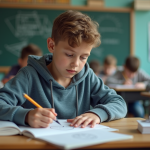 Jeune garçon dessinant un diagramme géométrique en classe