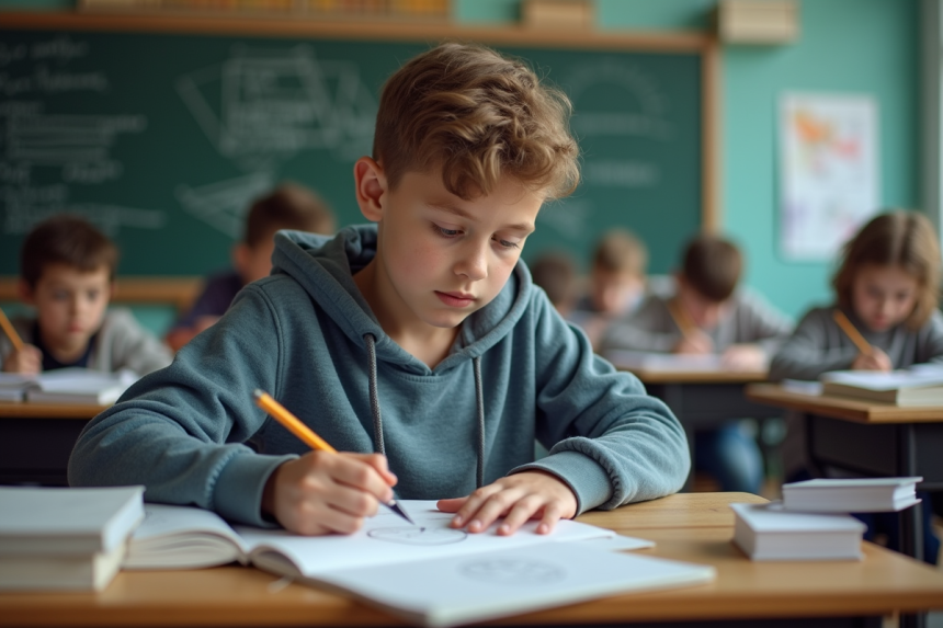 Jeune garçon dessinant un diagramme géométrique en classe