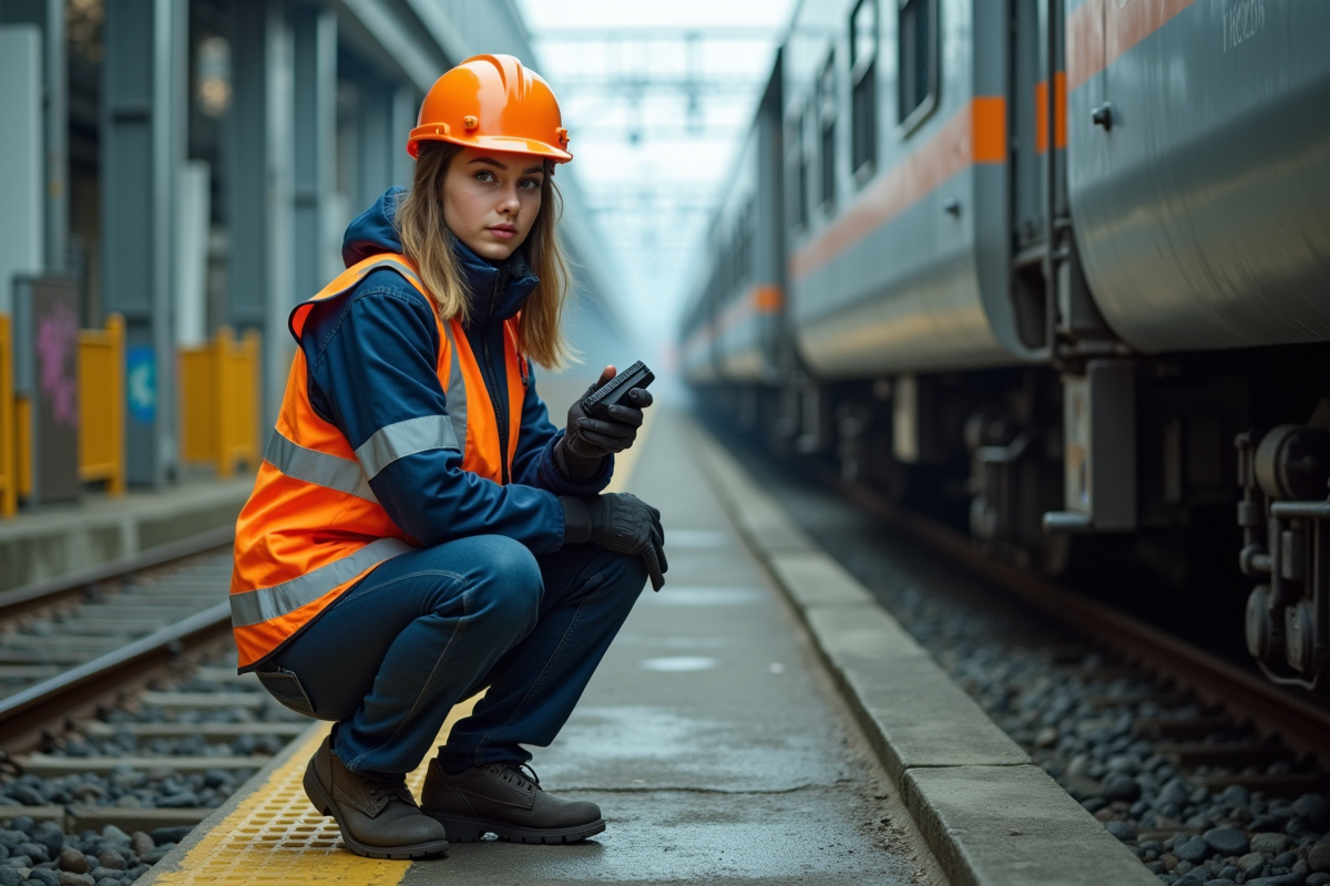 Jeune femme ingénieure ferroviaire utilisant une radio dans un yard