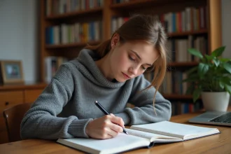 Jeune femme étudiante prenant des notes en français à la maison
