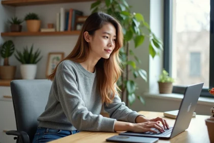 Jeune femme au bureau regardant son ordinateur portable