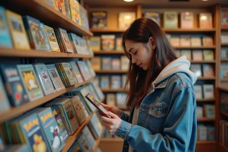 Jeune femme examine des cartes Pokémon en magasin