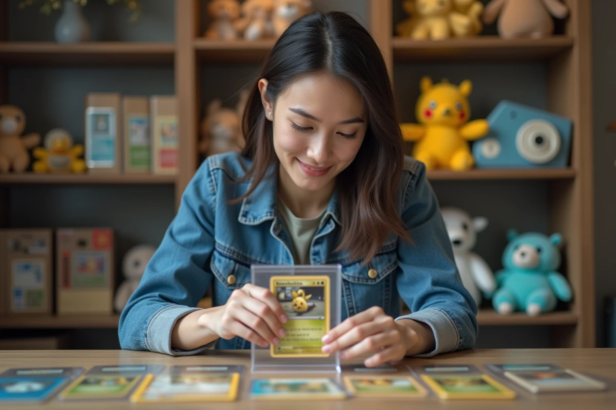 Jeune femme rangeant une carte Pokémon dans un bureau moderne