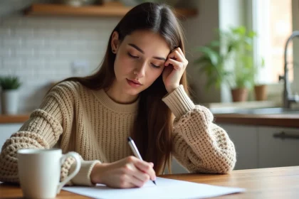 Jeune femme concentrée écrivant l'alphabet à la main dans une cuisine chaleureuse