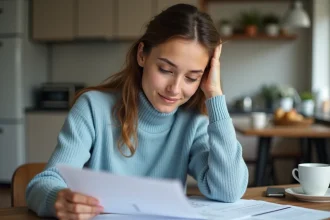 Jeune femme étudie des documents de prêt immobilier à la maison