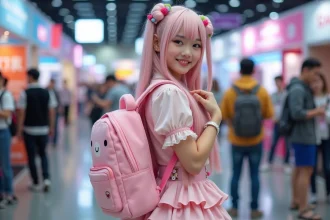 Jeune femme kawaii ajustant son sac dans un centre commercial